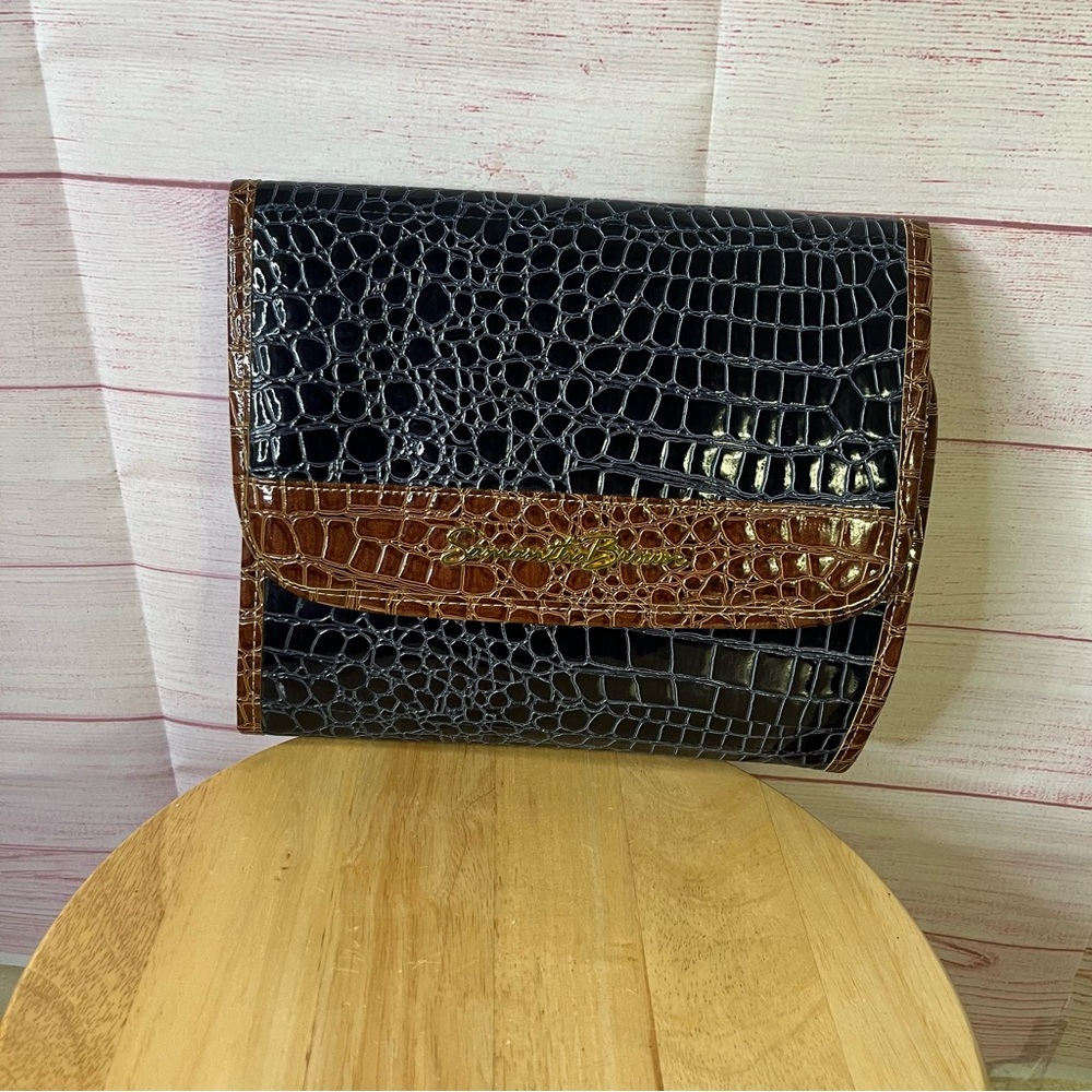 Samantha Brown Croc Embossed Navy/ Camel Toiletry‎ Bag Travel Case Organizer